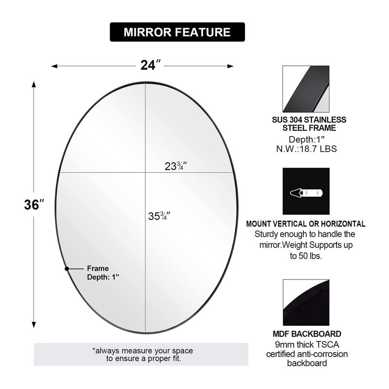 ANDY STAR Modern Decorative 24 x 36 Inch Oval Wall Mounted Hanging Bathroom Vanity Mirror with Stainless Steel Metal Frame, Matte Black, 5 of 7