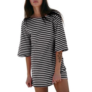 EXLURA Women's 2025 Summer Oversized Short Sleeve T Shirt Dress Casual Crew Neck Striped Tops Loose Sundress with Pockets - 1 of 4