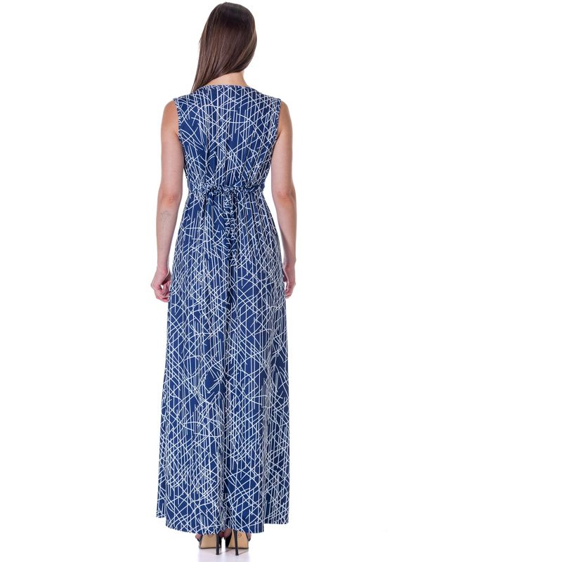 24seven Comfort Apparel Womens Navy Abstract  Print V Neck Empire Waist Sleeveless Maxi Dress, 3 of 9