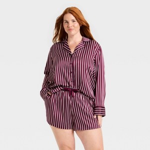 Women's Luxury Collection Satin Notch Collar Long Sleeve Shirt and Shorts Pajama Set - Auden™ - 1 of 3
