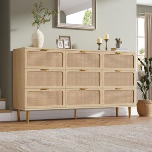 Rattan 9-Drawer Dresser w/ Deep Storage & Wide Top - Tall Wood Frame Chest,Large Long Wooden Dresserfor Bedroom/Living Room/Hallway/Nursery - 1 of 4