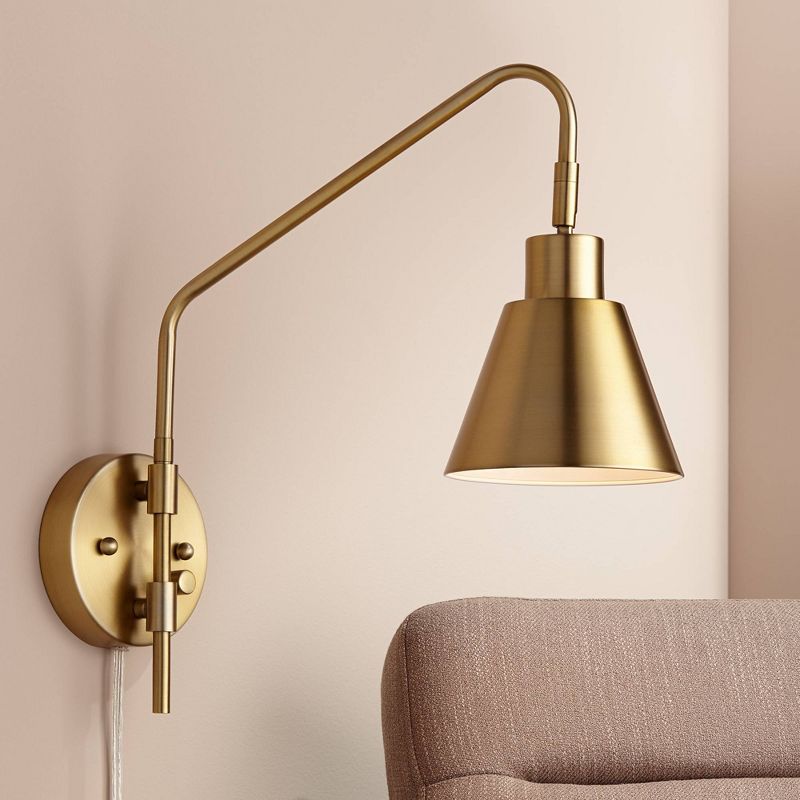 360 Lighting Marybel Modern Swing Arm Wall Lamp Brass Gold Plug-in Light Fixture Tapered Metal Shade for Bedroom Bedside Living Room Reading House, 2 of 10