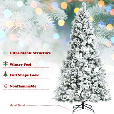 7-Foot Snow Flocked Pine Christmas Tree with White Berries and Flowers