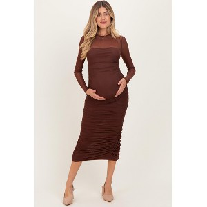 PinkBlush Brown Mesh Ruched Long Sleeve Maternity Midi Dress Small