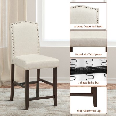 Set of 2 Beige Upholstered Nailhead Bar Stools with Wood Legs