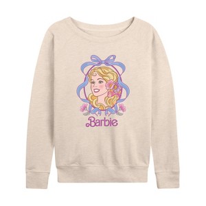 Women's - Barbie - Portrait Floral Coquette Bow Lightweight French Terry Wide Neck Long Sleeve Shirt - 1 of 4