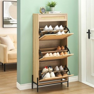 Acekool Rattan Shoe Cabinet with 3 Flip Drawers, 1 Top Drawer & 4 Adjustable Shelves, Compact Entryway Organizer with Metal Legs and Anti-Tip Device - 1 of 4