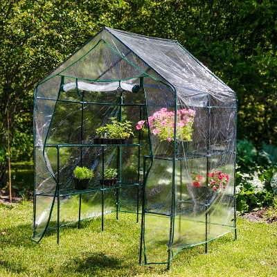 Clear PVC Walk-In Greenhouse with 4 Steel Shelves