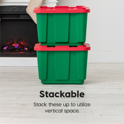 12 Gallon Green and Red Stackable Plastic Storage Bins with Lids, 4 Pack