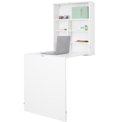 Costway Wall Mounted Computer Convertible Desk Floating Desk W/ Storage  Bookcases White : Target