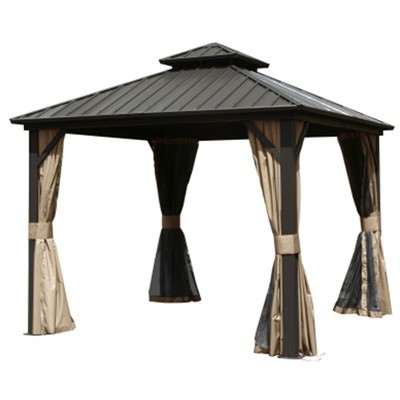 Gloweer Hardtop Gazebo, Outdoor Aluminum Frame Canopy with Galvanized Steel Roof, Permanent Metal Pavilion with Curtains and Netting