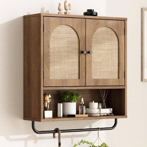 Rattan Bathroom Wall Cabinet, Boho Style with 2 Arched Doors, Farmhouse Over Toilet Storage with Adjustable Shelves and Towel Bar - 1 of 4