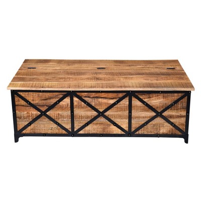 54" Metal Cross Front Mango Wood Trunk Storage Coffee Table with Hinged Top Brown/Black - The Urban Port