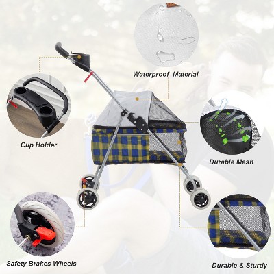 Yellow Plaid 4-Wheel Folding Dog Stroller with Mesh Windows