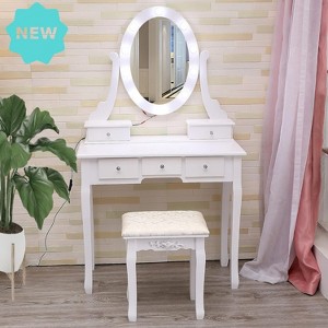 Jojoka Wood Makeup Vanity Set with Oval Mirror, LED Lights, 5 Drawers & Comfortable Stool, Vanity Desk and Study Table for Girls & Women - 1 of 4