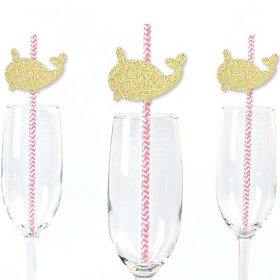 Big Dot of Happiness Gold Glitter Narwhal Party Straws - No-Mess Real Gold Glitter Cut-Outs and Decorative Under The Sea Paper Straws - Set of 24