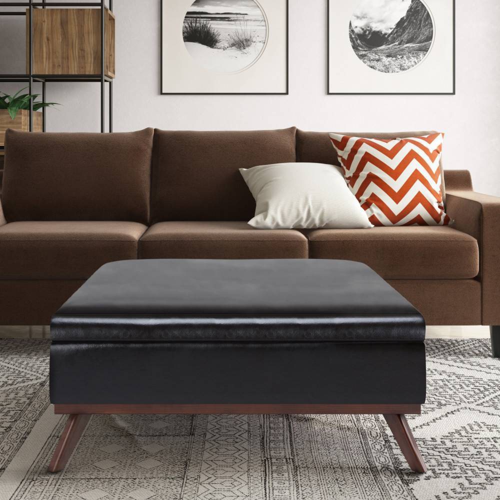 WyndenHall 36" Ethan Storage Ottoman Tanners Brown: Upholstered Leather, Modern Style