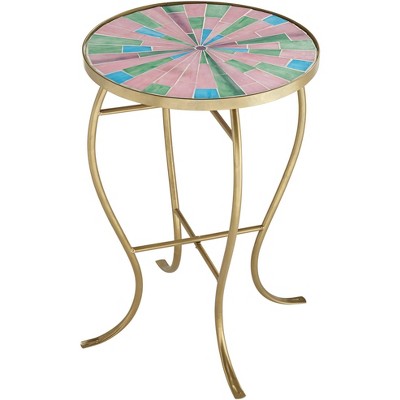 Teal Island Designs Modern Gold Round Outdoor Accent Table 14 1/4" Wide Pink Green Mosaic Tabletop for Porch Patio House Balcony