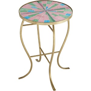 Teal Island Designs Modern Gold Round Outdoor Accent Side Table 14 1/4" Wide Pink Green Mosaic Tabletop for Front Porch Patio House Balcony - 1 of 4
