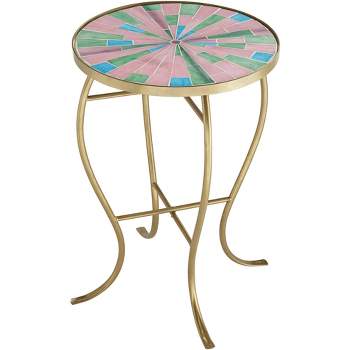 Teal Island Designs Modern Gold Round Outdoor Accent Side Table 14 1/4" Wide Pink Green Mosaic Tabletop for Front Porch Patio House Balcony