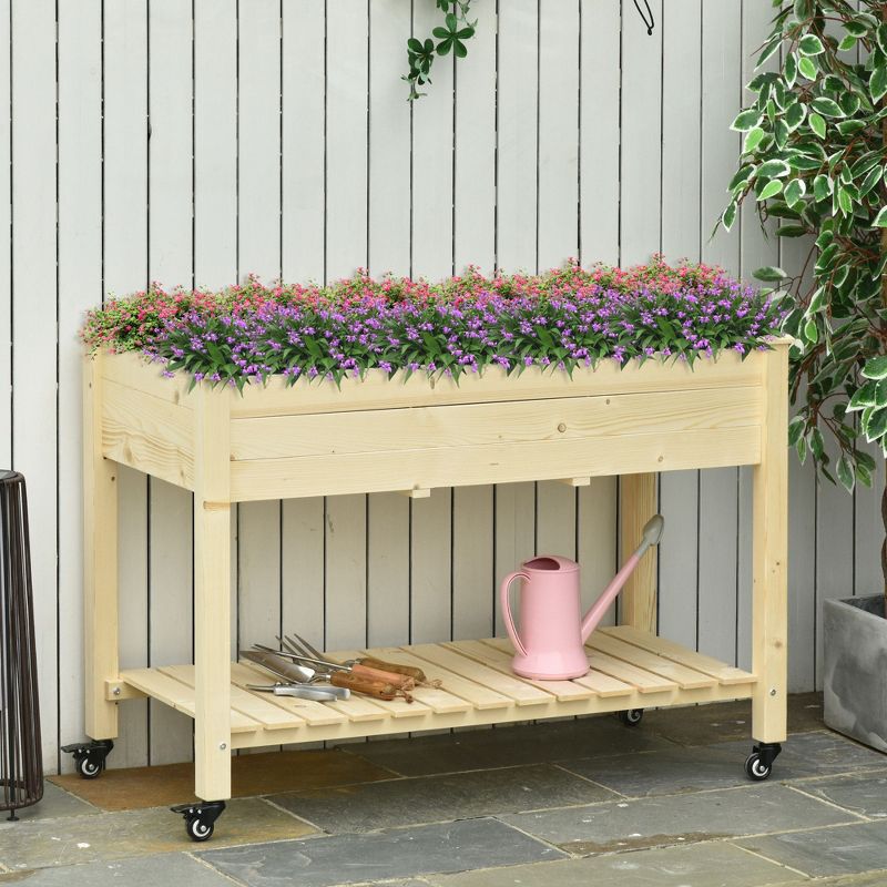 Outsunny 47" x 21" Raised Garden Bed, Elevated Wooden Planter Box w/ Lockable Wheels, Storage Shelf, and Bed Liner for Backyard, Patio, 2 of 10