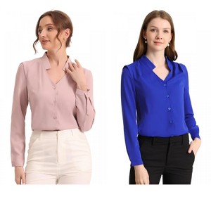 INSPIRE CHIC Women's Elegant V Neck Work Office Button Up Shirt 2 Packs - 1 of 4