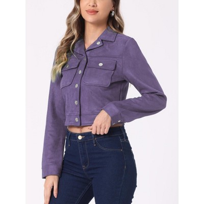 INSPIRE CHIC Women's Casual Faux Suede Notched Collar Button Up Cropped Jacket with Pockets Purple Small — фото 2