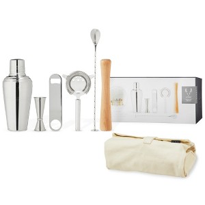 Viski Travel Bartender Kit 6pc Set | Drink Mixers for Cocktails Gift Essentials:Classic Cobbler Shaker,Hawthorne Strainer,Bottle Opener,Barspoon,Brown - 1 of 4