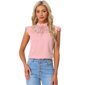 INSPIRE CHIC Women's Ruffle Stand Collar Short Sleeve Contrast Lace Panel Blouse - 1 of 4