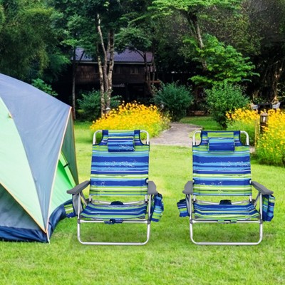 Blue and Green Striped Aluminum Folding Beach Chairs with Arms