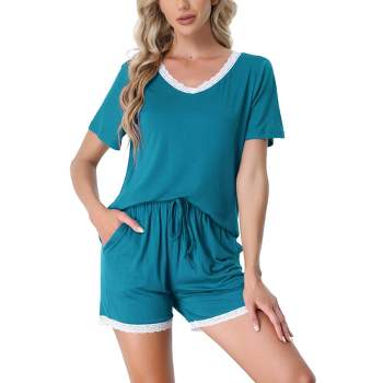 cheibear Women's Sleepwear Lounge Soft Nightwear with Pockets Shorts Sleeve 2 Pcs Pajama Set
