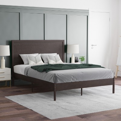 Queen Size Dark Brown Wood Platform Bed with Headboard and Slats