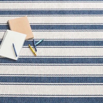 Blue and White Stripe Washable Synthetic Runner Rug
