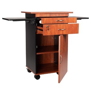 Oklahoma Sound Rolling Portable Multimedia Presentation Cart Stand with Wheels, Dual Flip-Up Side Shelves, Lockable Storage, Cherry/Black - 1 of 4