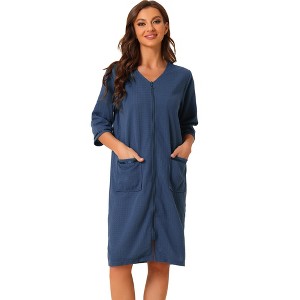 cheibear Women's Waffle 3/4 Sleeves Spa Bathrobe Loungewear Zipper Up One Piece Pajama Robes - 1 of 4