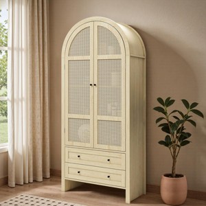 70.28" Tall Arched Kitchen Pantry Cabinet with Rattan Doors, Natural Storage Cabinet with 2 Drawers and Adjustable Shelves - Panipeachy - 1 of 4