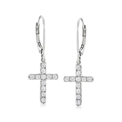 Ross-Simons 0.55 ct. t.w. Diamond Cross Drop Earrings in 14kt White Gold