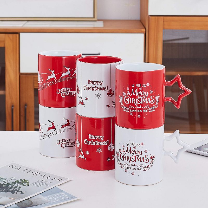 Bruntmor 14 Oz Christmas Coffee Mug with Star Handle Set of 6, Red, 6 of 8