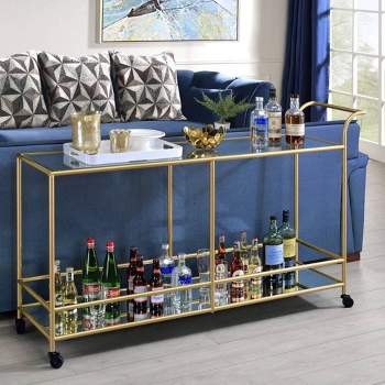 Ohsuaniy Bar Cart Gold, Round Circle Wine Cart 2 Mirror Shelves, Modern Rolling Gold Glass Drink Cart on Wheels, 2-Tier Deluxe Serving Cart for