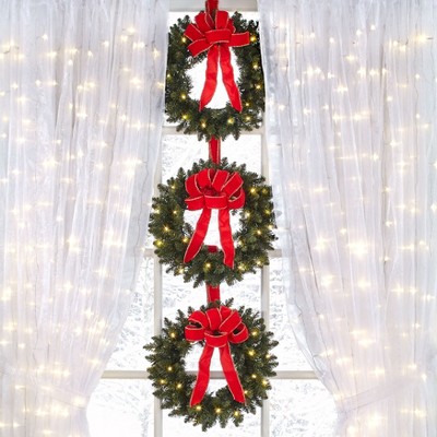 Set of 3 Pre-Lit Pine Christmas Wreaths with Red Bows
