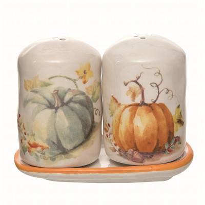 Transpac Ceramic Multicolor Harvest Painted Pumpkins Salt and Pepper Shakers with Tray Set of 3