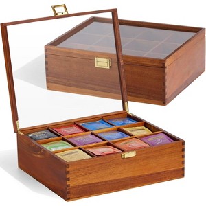 Acacia Wood Tea Organizer Box, 12 Compartments Tea Organizer for Tea Bags with Clear Glass Window for Countertop Kitchen Cabinet - 1 of 4