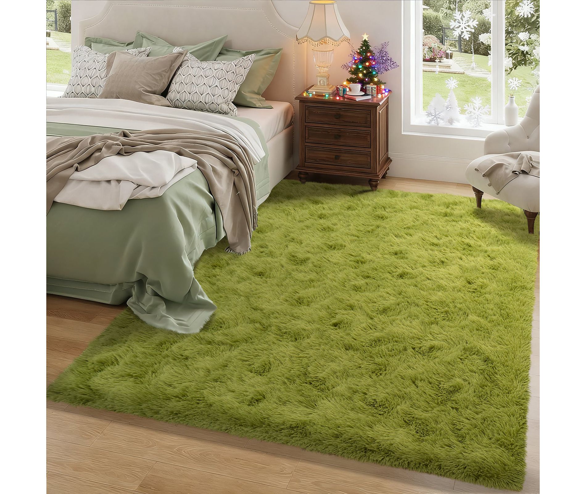 Grass Green Fluffy Shag Area Rug with Non-Slip Base & 4 Reusable Stickers, Soft Plush Mat Grass green 5x7 ft/150x210 cm/60x84 in