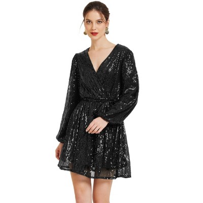 Allegra K Women's Glitter Sequin V Neck Long Sleeve Tie Waist A-Line Mini Party Dress