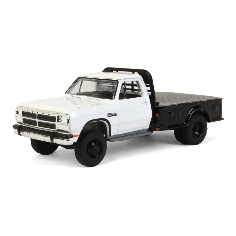 Greenlight Collectibles 1/64 1992 Dodge Ram 1st Generation Truck White with Black Flatbed & Black Gooseneck Trailer 51387-A, 5 of 7