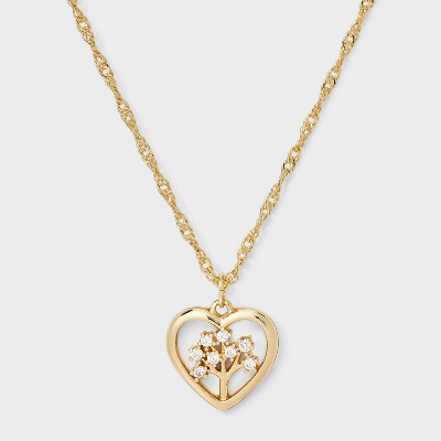 14K Gold Dipped Cubic Zirconia Family Tree Heart Necklace - Gold