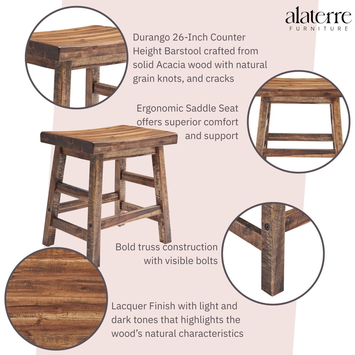 20" Durango Industrial Wood Counter Height Barstool Dark Brown - Alaterre Furniture: Rustic Acacia Frame - thumbnail 3