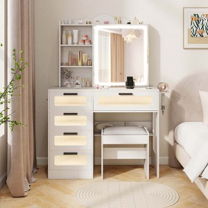 Costway Modern Vanity Desk with Sliding Mirror & Lights Stool 5 Drawers Hooks Open Storage - 1 of 4
