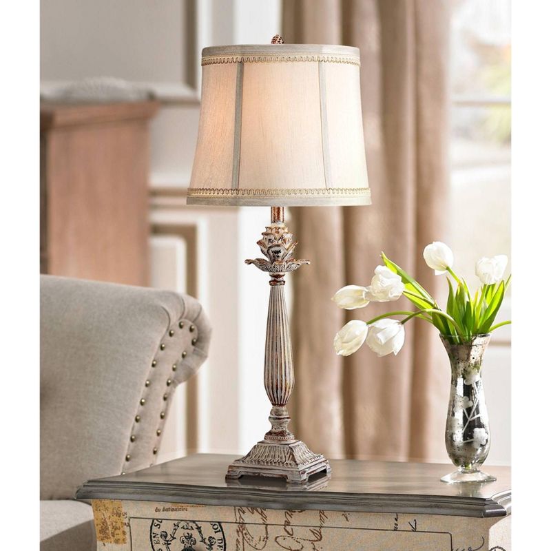 Regency Hill Petite Artichoke Font Traditional Table Lamp 28" Tall Antique White Washed Beige Fabric Bell Shade for Bedroom Living Room Nightstand, 2 of 9