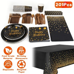 Angel Sar 201Pcs Black Gold Birthday Party Supplies, 25 Guest Disposable Dinnerware Set with Plates, Cups, Cutlery, Napkins, Tablecloth - 1 of 4